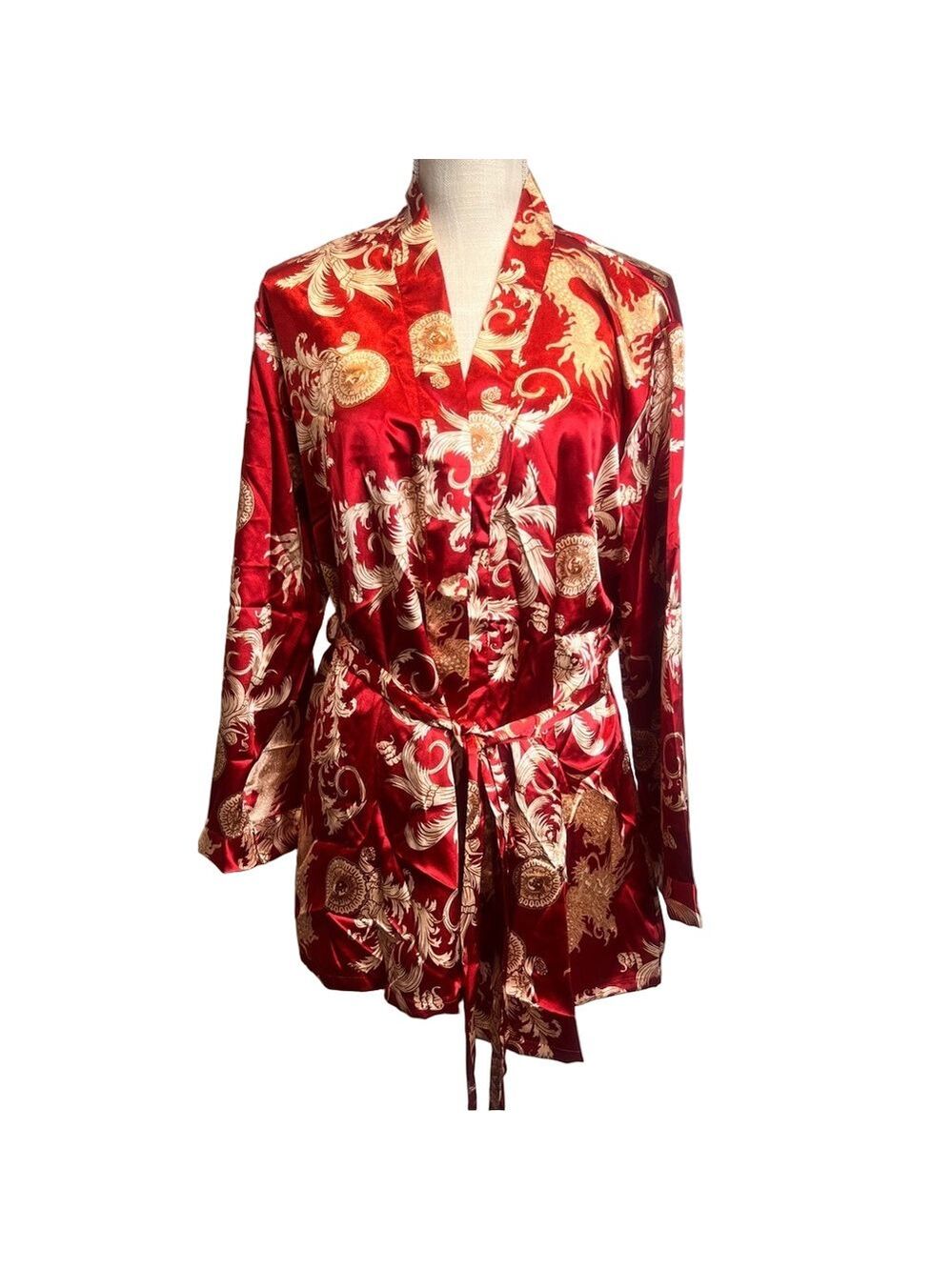 Escalier Satin Wine and Gold Short Tie Kimono Robe Size XL SKU#C24350